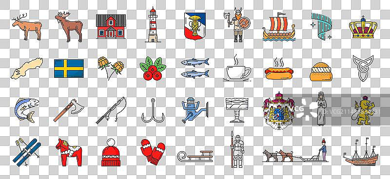 瑞典彩色线性轮廓图标：瑞典地标图片素材