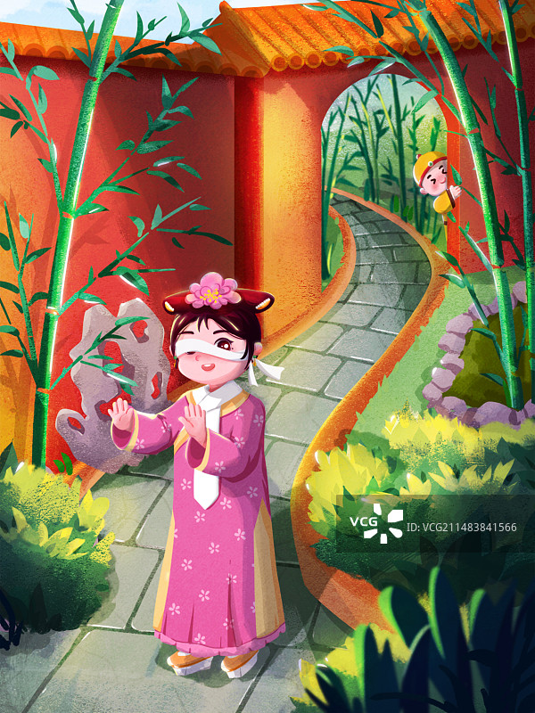 宫廷里古装打扮的女孩和男孩捉迷藏图片素材