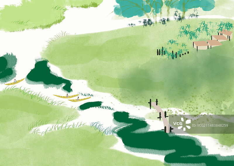 中国风新中式古风古典传统文化中国画青绿山水画壁纸村庄村落乡村乡下风景景色插画图片素材