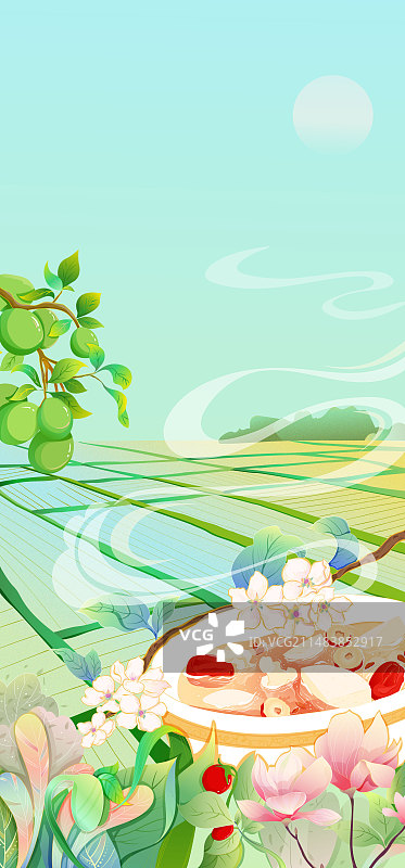 惊蛰节气海报，原创手绘插画，麦田，小吊梨汤，玉兰花，红枣，青枣，二十四节气插画图片素材