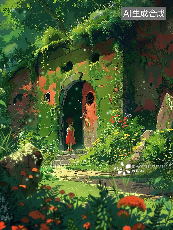 【AI数字艺术】站在门口的小女孩图片素材