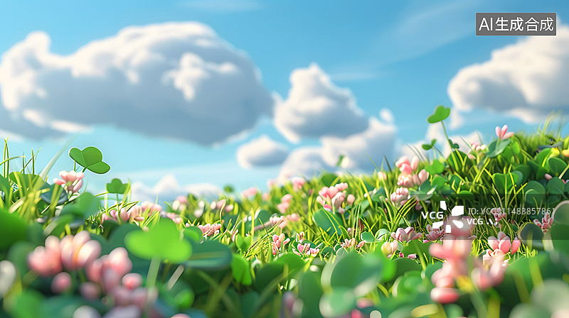 【AI数字艺术】春天草地鲜花蓝天白云图片素材