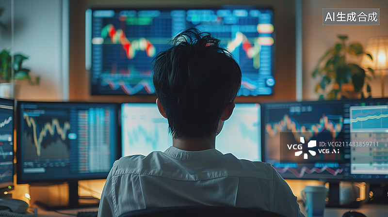 【AI数字艺术】证券股票交易员眼睛盯着屏幕上的大盘k线走势,牛市炒股图片素材