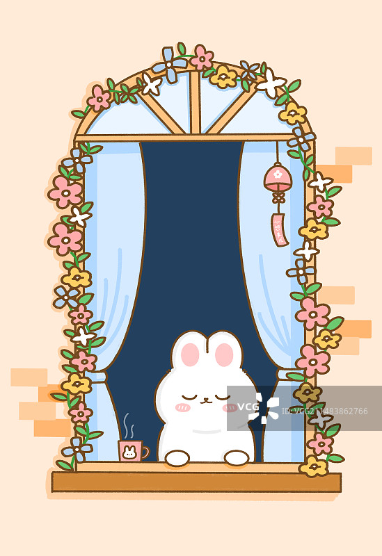 开满鲜花的窗户中的兔子图片素材