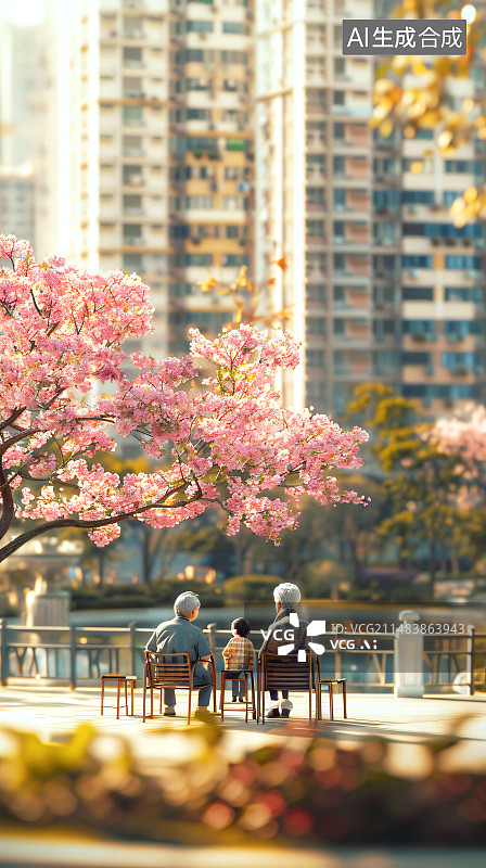 【AI数字艺术】春天坐在椅子上晒太阳的老人微缩景观图片素材
