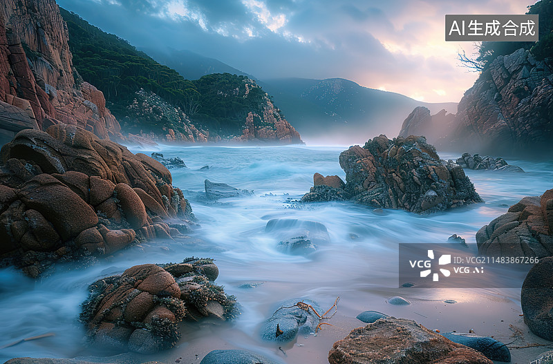 【AI数字艺术】海边的礁石和浪花图片素材