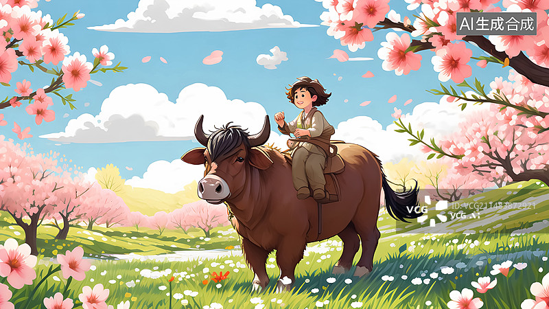 【AI数字艺术】春天桃花牧童黄牛插画图片素材
