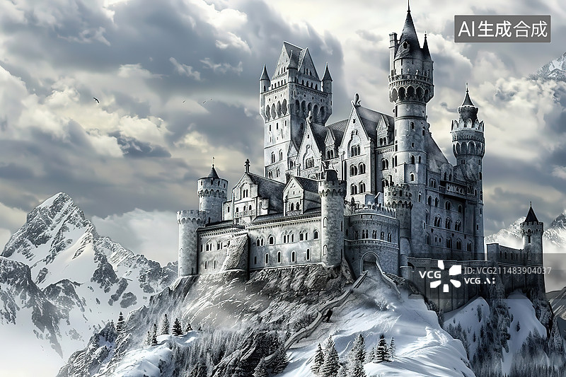 【AI数字艺术】多云的天空映衬下的大教堂景色图片素材