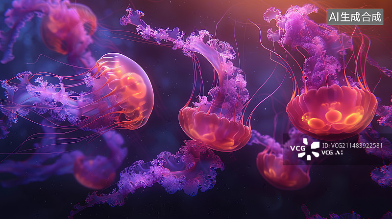 【AI数字艺术】水母在海底游泳的特写镜头图片素材