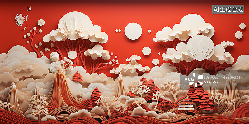 【AI数字艺术】纸雕风格的红色新年背景祥云波浪图片素材
