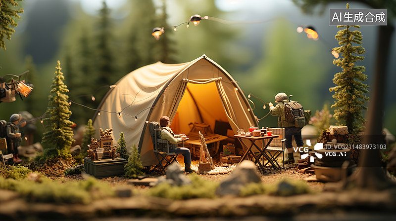 【AI数字艺术】一群探险朋友在森林中户外露营搭帐篷3D微缩景观模型图片素材