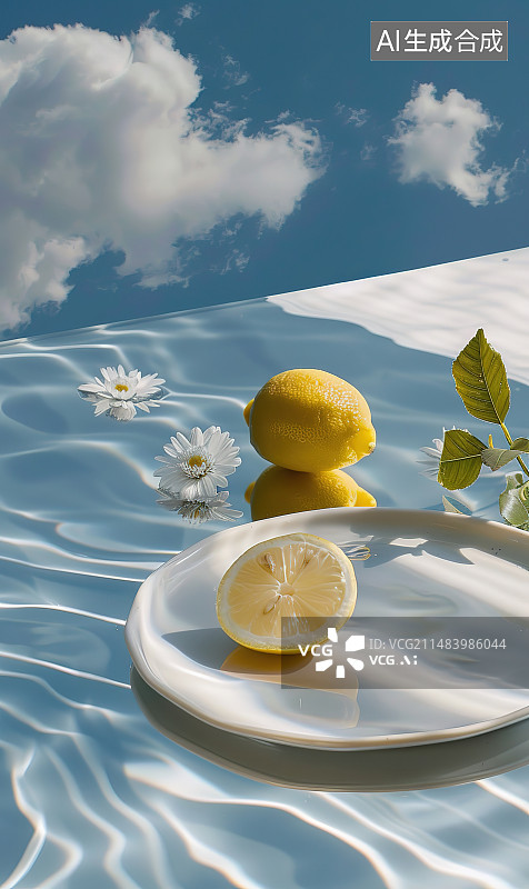 【AI数字艺术】蓝天白云下的柠檬和柠檬图片素材