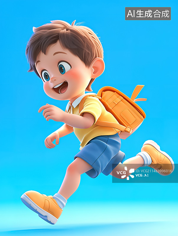 【AI数字艺术】卡通可爱的动漫风格的背着书包跑起来的小男孩插图图片素材