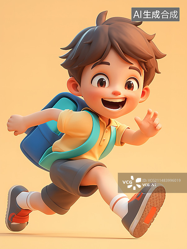 【AI数字艺术】卡通可爱的动漫风格的背着书包跑起来的小男孩插图图片素材