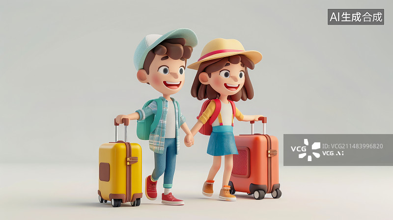 【AI数字艺术】一对年轻情侣拉着手推箱，手拉手开心去度蜜月，度假图片素材