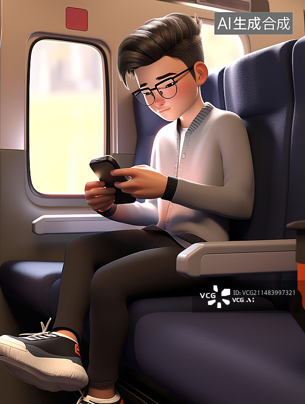 【AI数字艺术】坐在列车或地铁上看手机的男孩插图图片素材