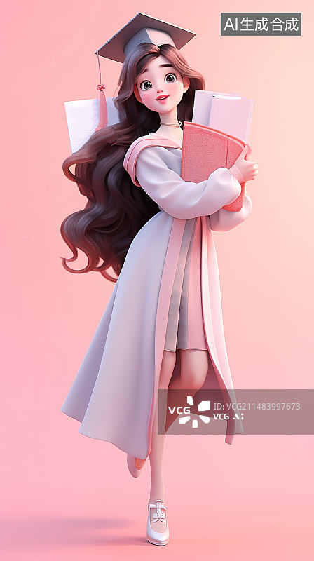 【AI数字艺术】动漫风的一个长发带着学位帽和拿着书的美女插图图片素材