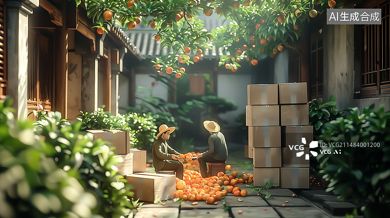 【AI数字艺术】插画乡村电商分拣采摘的水果到箱子里图片素材