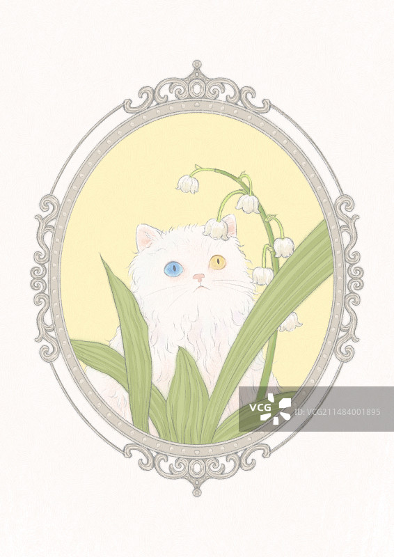 复古铃兰小猫清新甜美治愈系插画图片素材