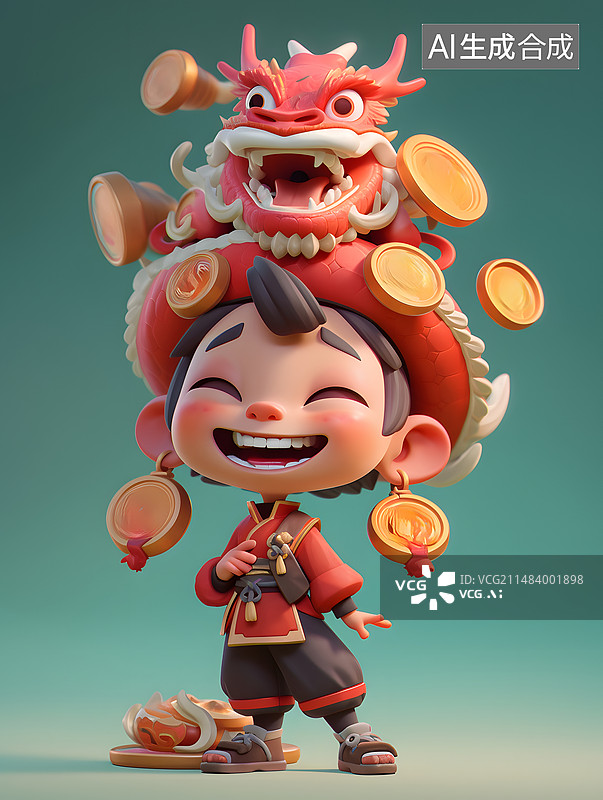 【AI数字艺术】中国小孩穿红衣服和龙头饰，3D，人物插画，卡通，IP图片素材