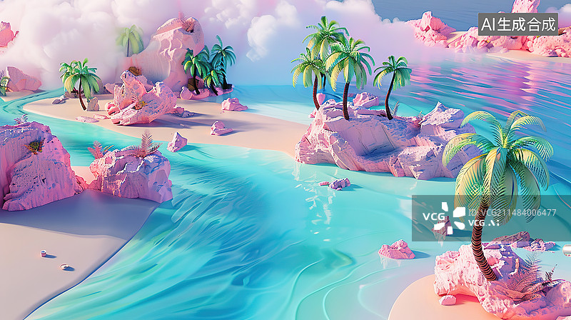 【AI数字艺术】梦幻沙滩仙境场景图片素材