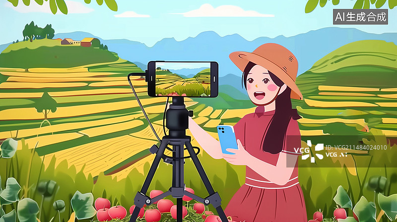 【AI数字艺术】农村电商直播爱心助农卡通插画图片素材