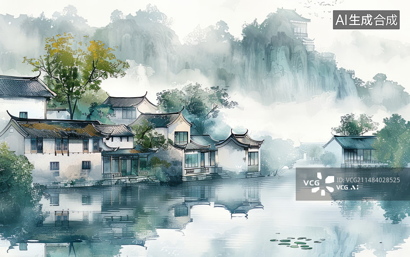 【AI数字艺术】中国水墨画风格的徽派建筑古民居插画图片素材