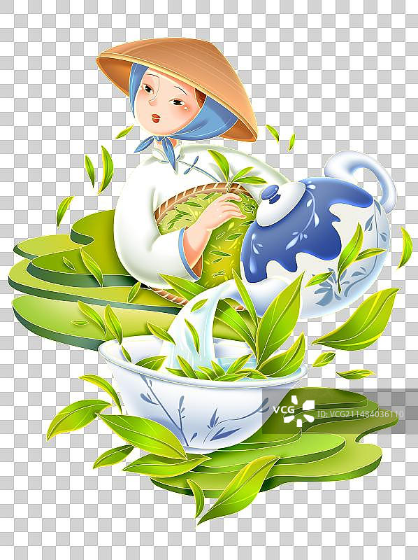 中国风采茶女青花瓷春季节令节气景观装饰图片素材