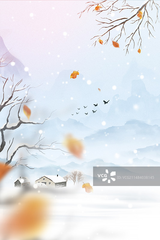 中国风二十四节气系列插画-冬天 外小清新雪景插画 入冬时的枯树山水画 竖版图片素材