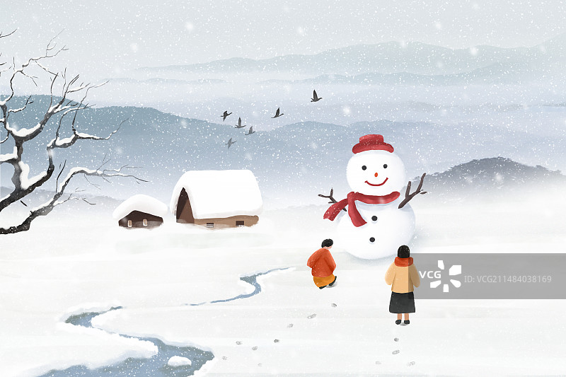 中国风二十四节气系列插画-冬天 户外小清新雪景插画 母亲带着孩子在堆雪人玩雪 横版图片素材