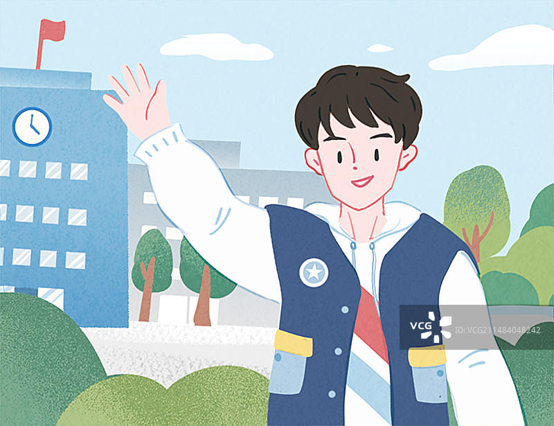 男孩在校园操场上招手图片素材