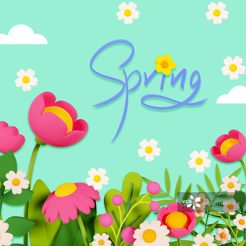 3D渲染的立体场景春天花卉花丛新品上市海报模板图片素材