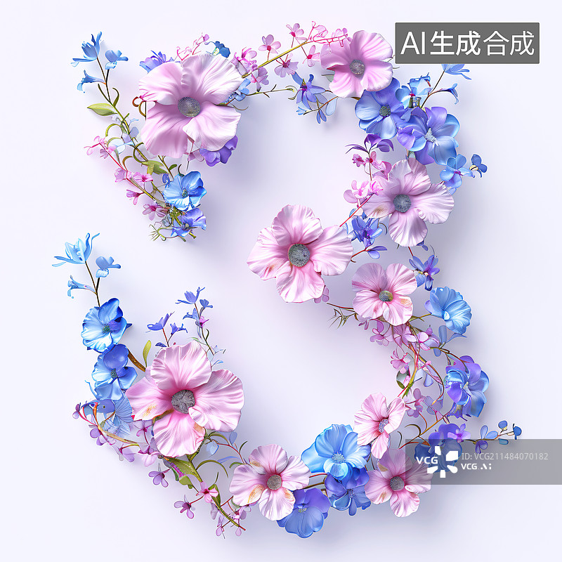 【AI数字艺术】数字3艺术字由花朵组成3D的符号图片素材