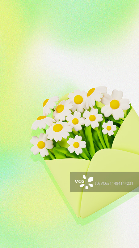 3D弥散风格小清新绿色装满信封的雏菊花4月你好早安语海报模板背景图片素材