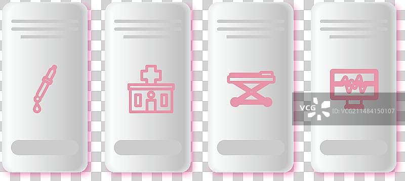 移液器、医院大楼和担架图片素材