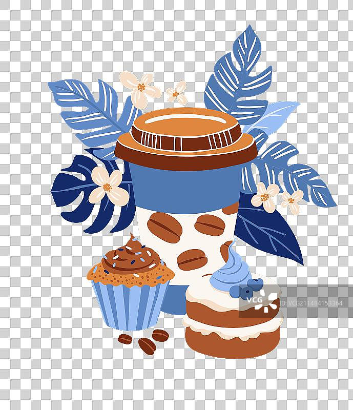 外卖咖啡杯、纸杯蛋糕和蓝莓派图片素材