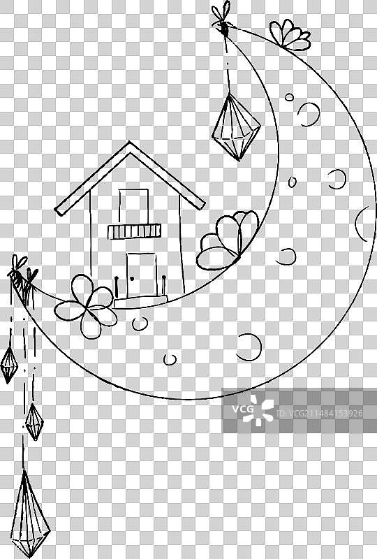 月亮线上卡通可爱舒适梦幻小屋图片素材