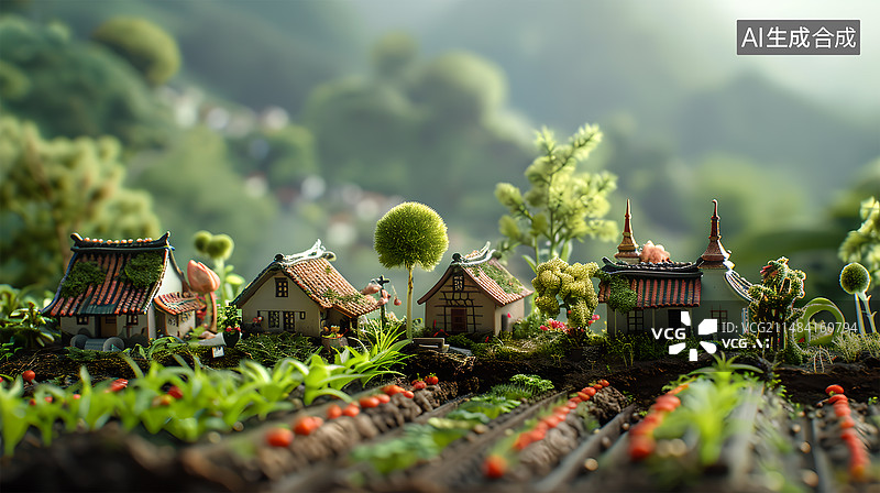 【AI数字艺术】【AI数字艺术】微缩景观，移轴摄影，春天美丽乡村田园风光图片素材
