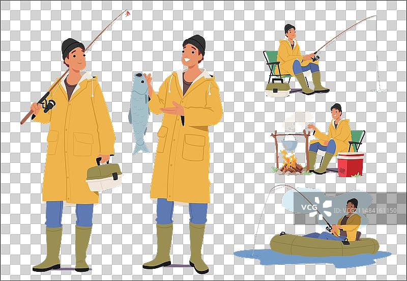 穿着黄色衣服的年轻渔夫角色图片素材