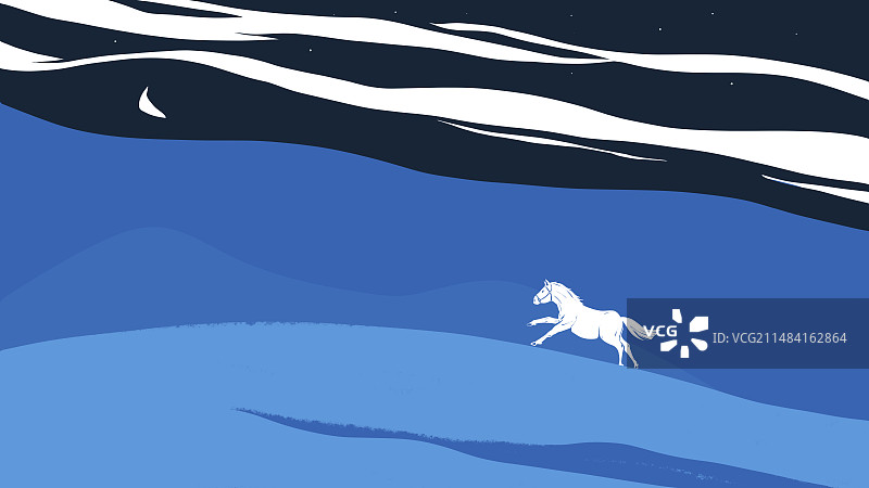 草原上月亮下奔跑的白马狂野动物生态环保插画图片素材