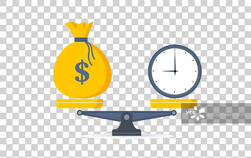 时间和金钱：时钟与美元袋的平衡图片素材