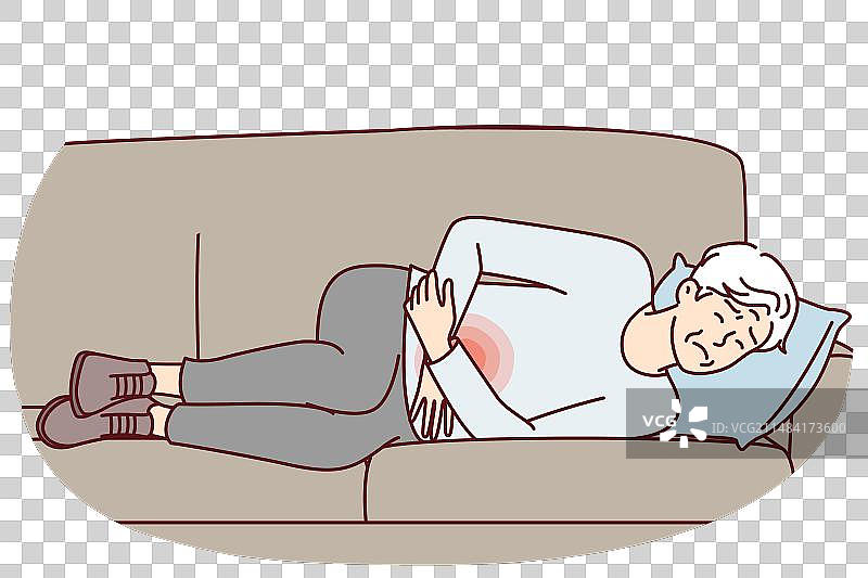 躺在沙发上感到疼痛的老年男人图片素材