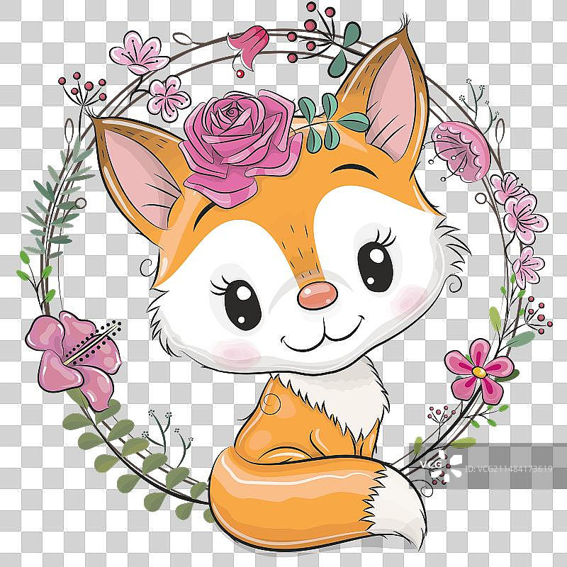 带鲜花的可爱卡通狐狸图片素材