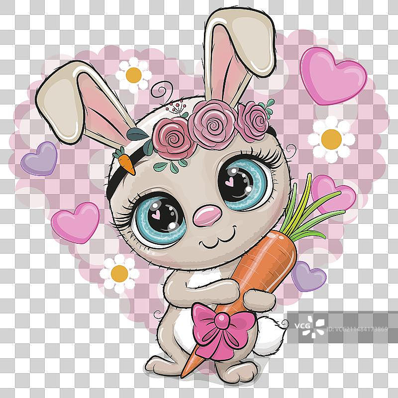 卡通兔子与胡萝卜和鲜花在心形上图片素材