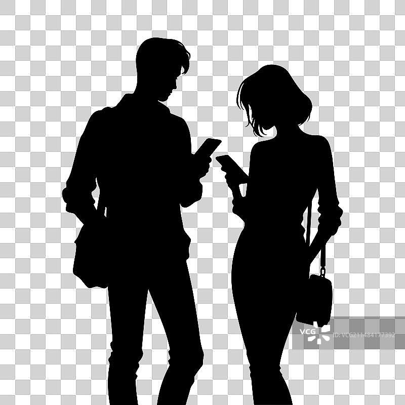 年轻男女使用智能手机轮廓图片素材