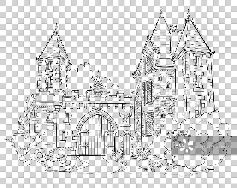 带黑色大门的古代中世纪城堡图片素材