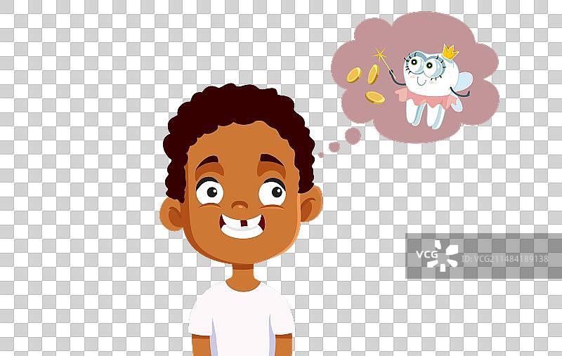 男孩掉了一颗门牙，想着牙仙图片素材