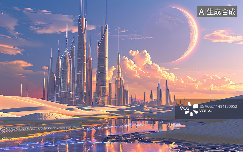 【AI数字艺术】黄昏日落城市天际线摩天大楼建筑经济商务金融区图片素材