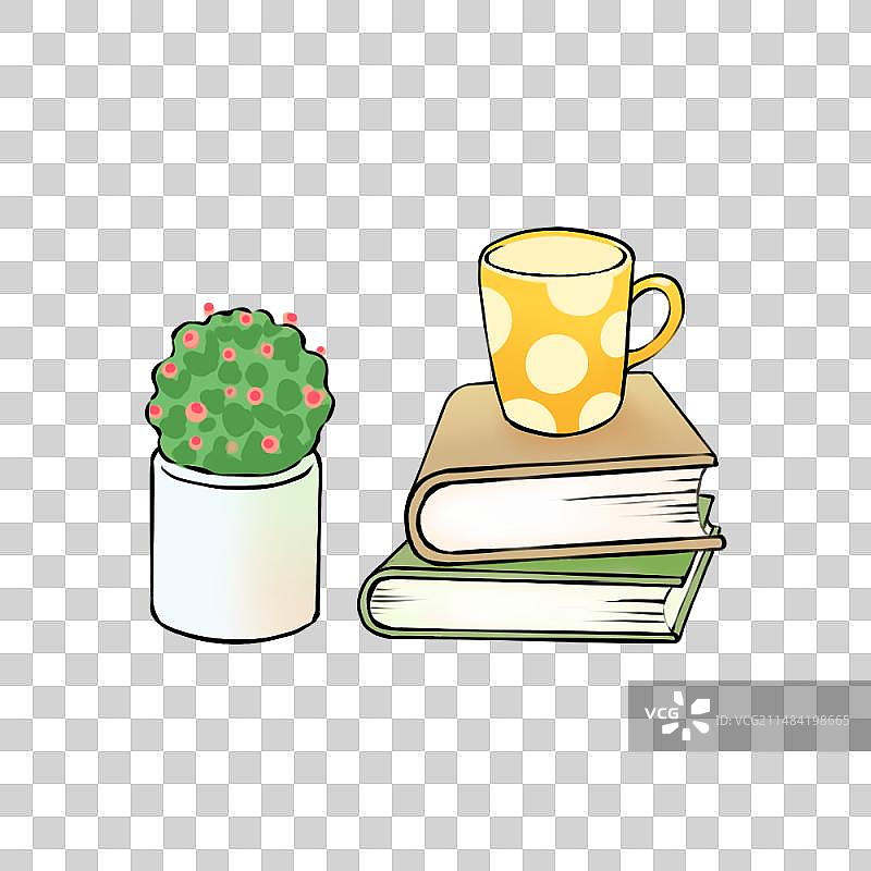 手绘水杯咖啡杯放在书本上与绿植盆栽插画元素图片素材