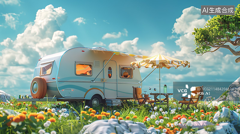 【AI数字艺术】户外海边花丛中的面包车日系风格图片素材